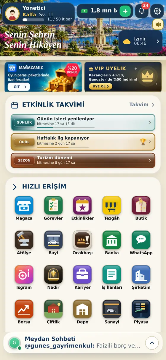Esnaf Simülatör ana ekranı: şehir, para, etkinlik takvimi ve uygulama ızgarası