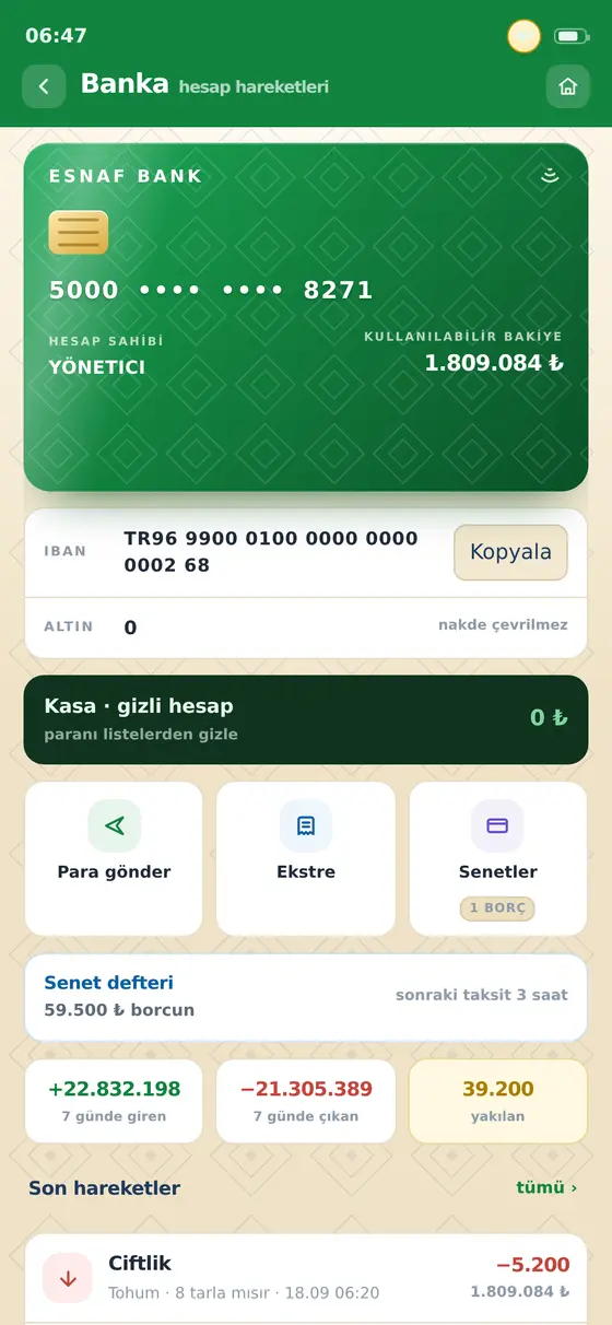 Banka ekranı: kart, IBAN, kasa, senet defteri ve son hareketler