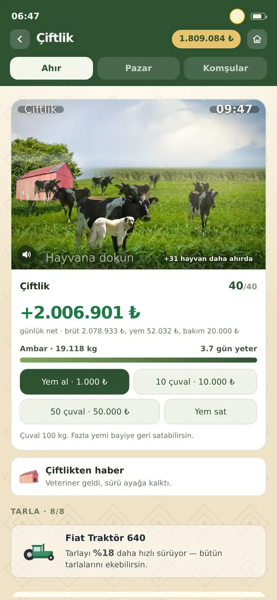 Çiftlik ekranı: ahır, hayvanlar, ambar ve günlük net kazanç