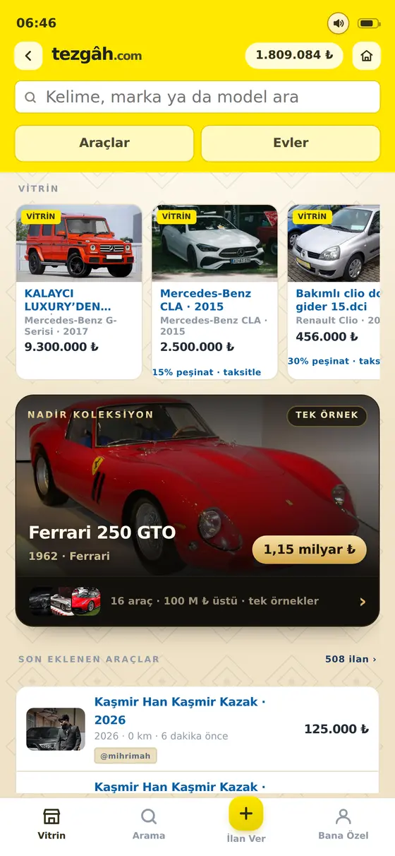 Tezgâh ekranı: araç ve ev ilanları, vitrin, nadir koleksiyon